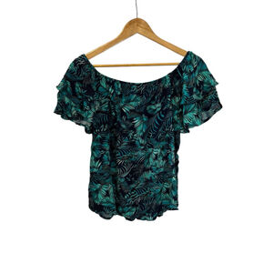 Women's Rivers Teal Navy Tropical Off Shoulder Blouse Size 10 Short Sleeve Top